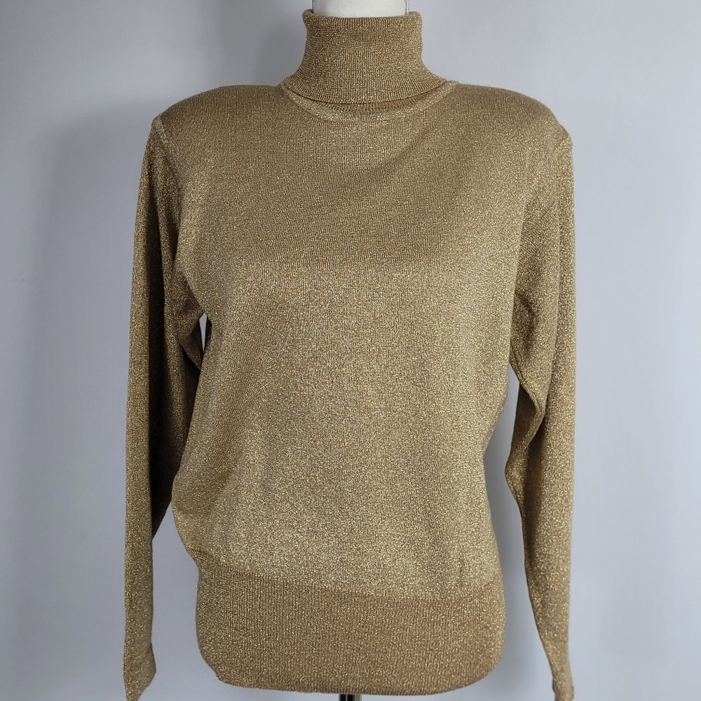 Vintage '70s Classiques Merino Wool Blend Gold Sparkle Turtleneck Size Large